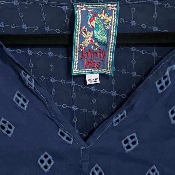 Johnny Was Hunter Long Sleeve Tie Front Boho Eyelet Blue Floral Blouse Large - Picture 3 of 3